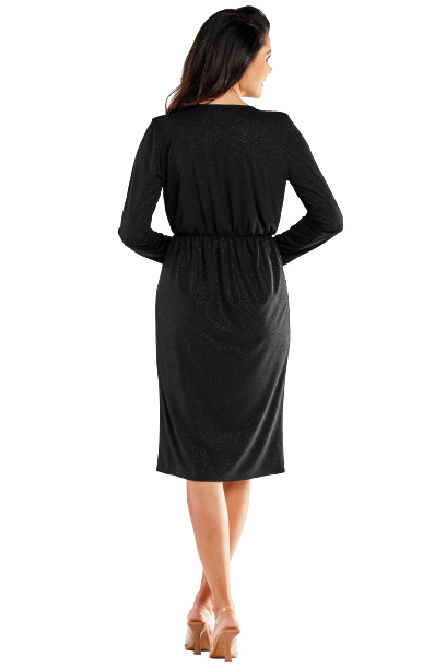 Sukienka midi brokatowa kopertowa długi rękaw dekolt V czarna